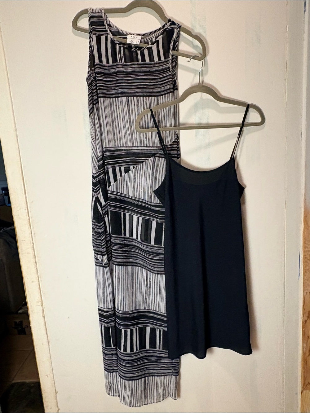 DKNY Black & White Semi Sheer Geometric Striped Maxi Dress W/ Black Slip Size 2